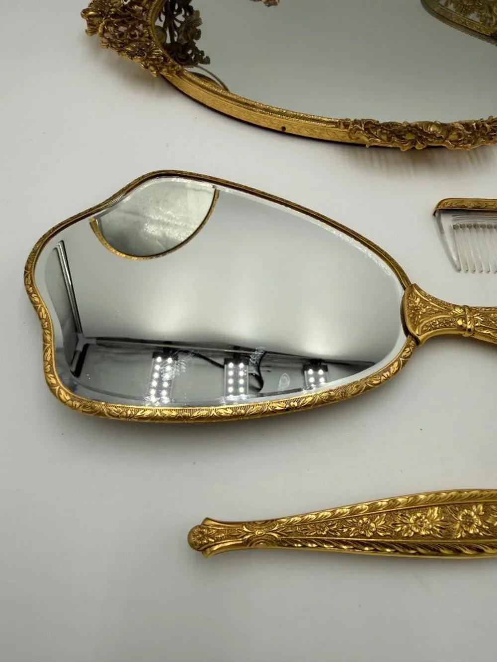 Vintage Gold Vanity Set With Hand Mirror Comb Brush Tray Jewelry Box & Small Fra